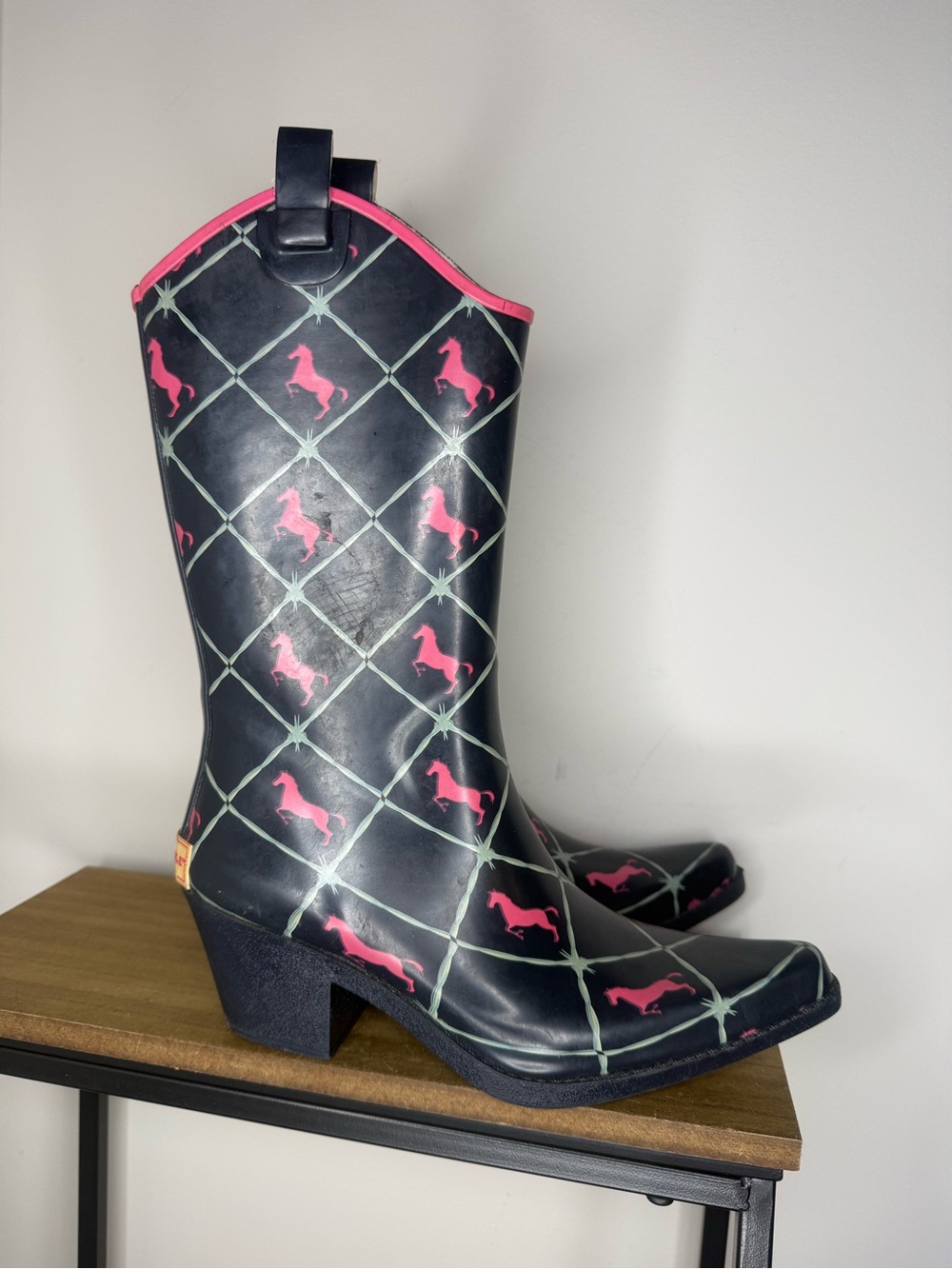 Bit & Bridle Navy Rain Boots with Pink Horse Print